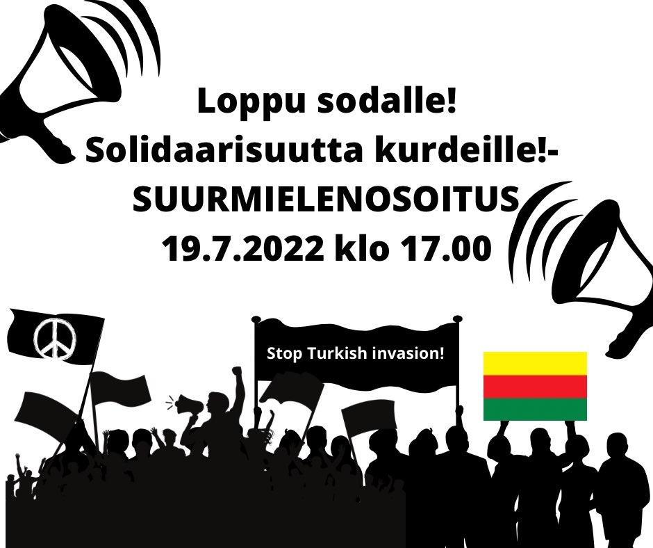 Kutsukuva mielenosoitukseen Kurdistanin puolesta 19.7. Kuvitusmateriaalia sekä mielenosoituksen nimi, aika ja paikka.